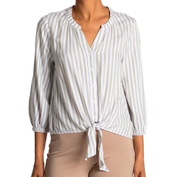 BeachLunchLounge Tanji White Blue Striped Tie Front Top Medium Lyocell Blend - Picture 2 of 14